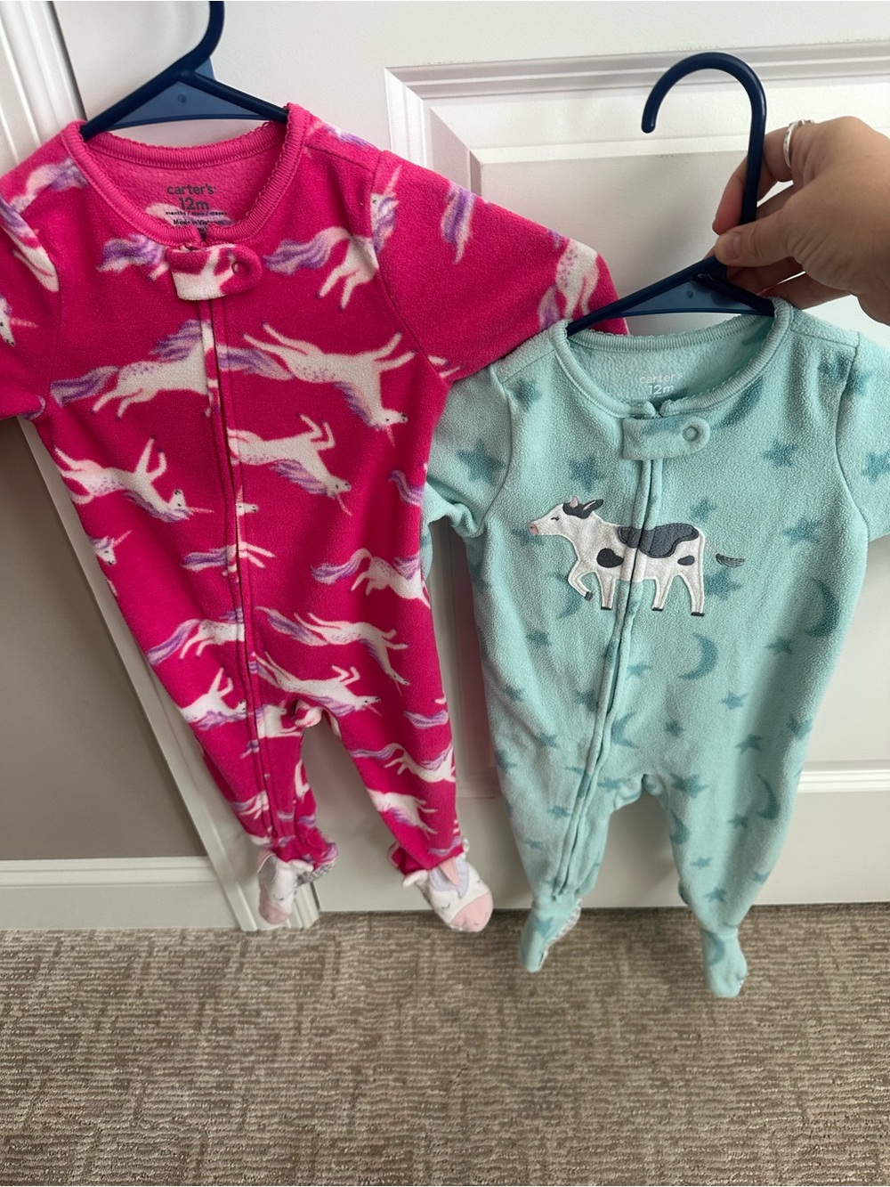 Carter's Hot Pink & Light Teal Unicorn and Cow Fleece Footed One-Pieces (Pair)